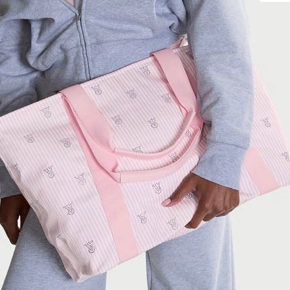 NWT Victoria's Secret VS Heritage Stripe Pink & White Canvas BlingTote